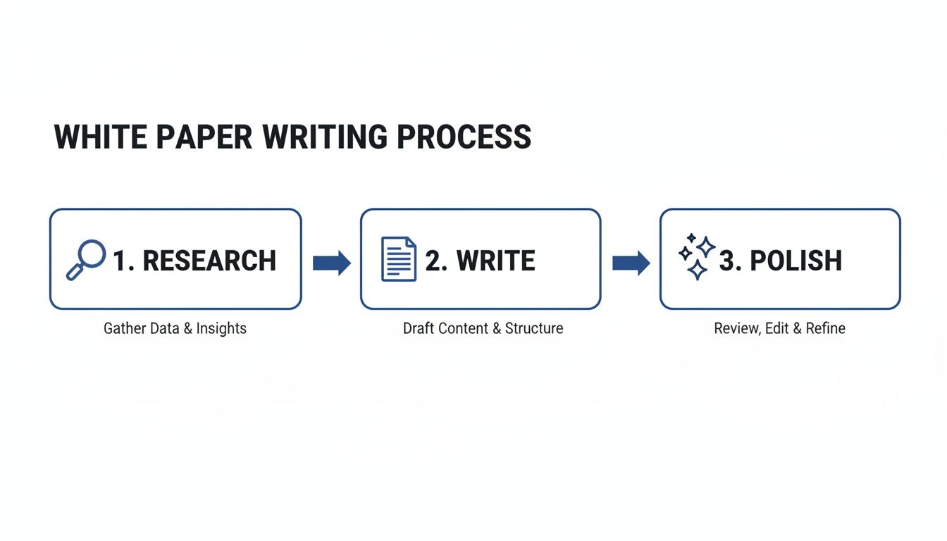 Flowchart illustrating the three-step white paper writing process: research, write, and polish.