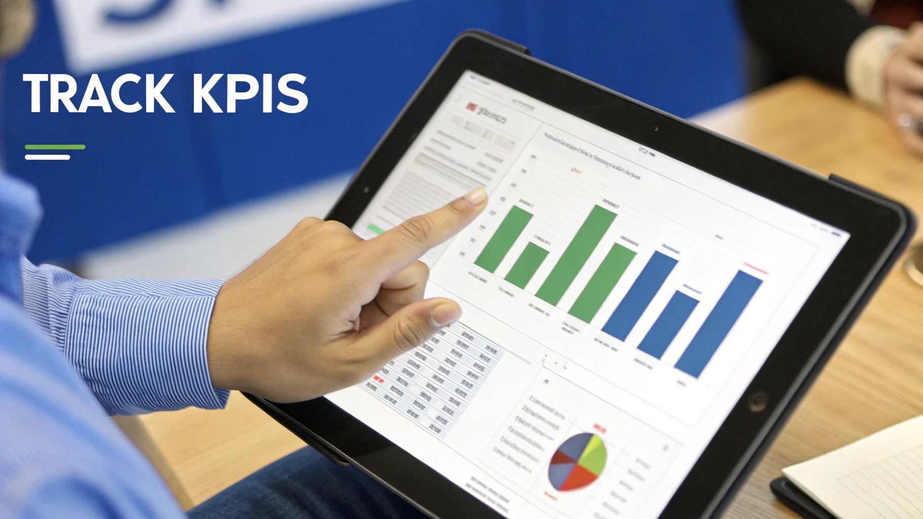 Business professional pointing at KPI tracking dashboard with green and blue bar charts on tablet