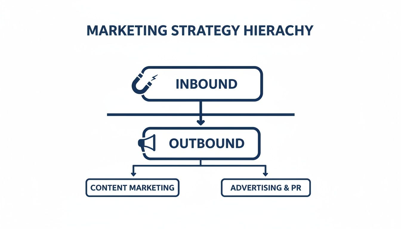 Diagram illustrating the marketing strategy hierarchy, including inbound, outbound, content marketing, and advertising & PR.