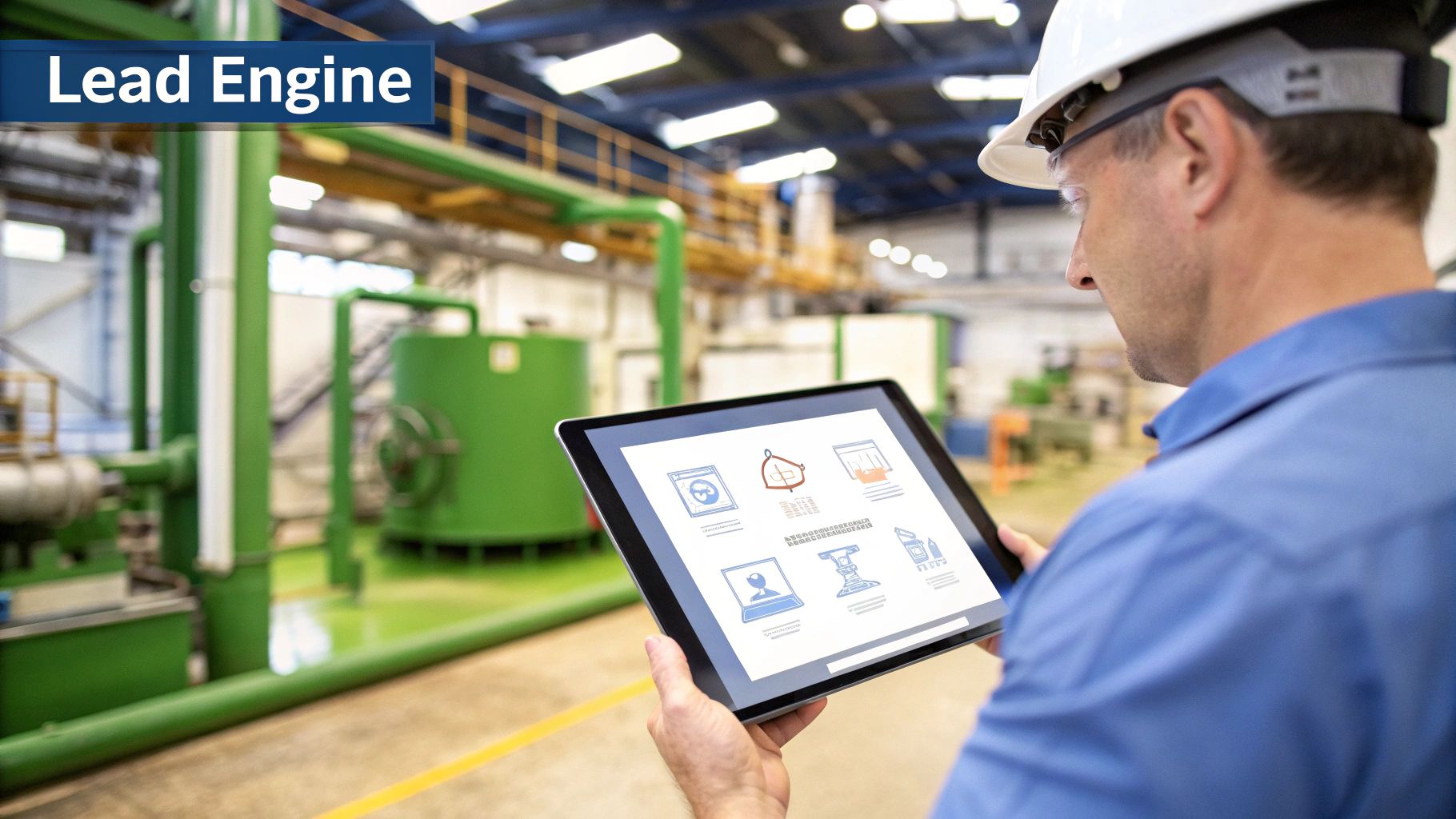 A man in a hard hat reviews data on a tablet in an industrial facility.