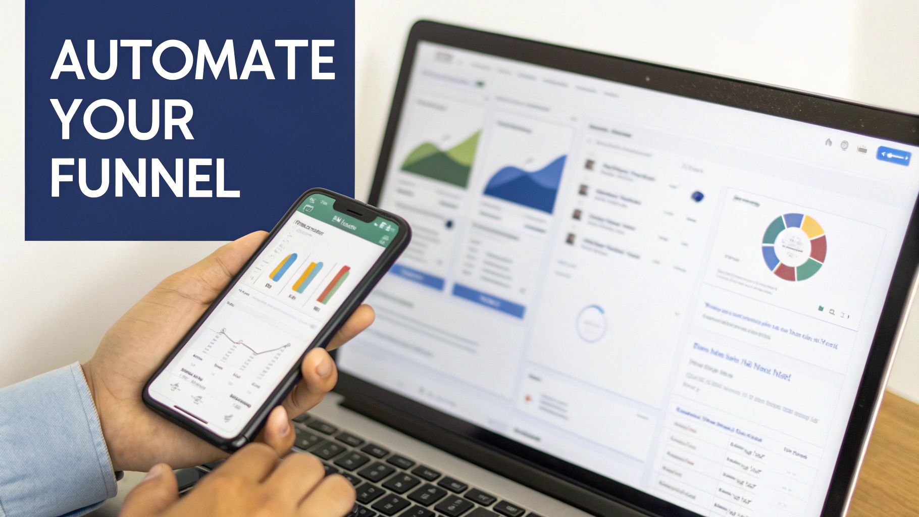 Person analyzing marketing funnel data on a smartphone and laptop dashboard for automation.