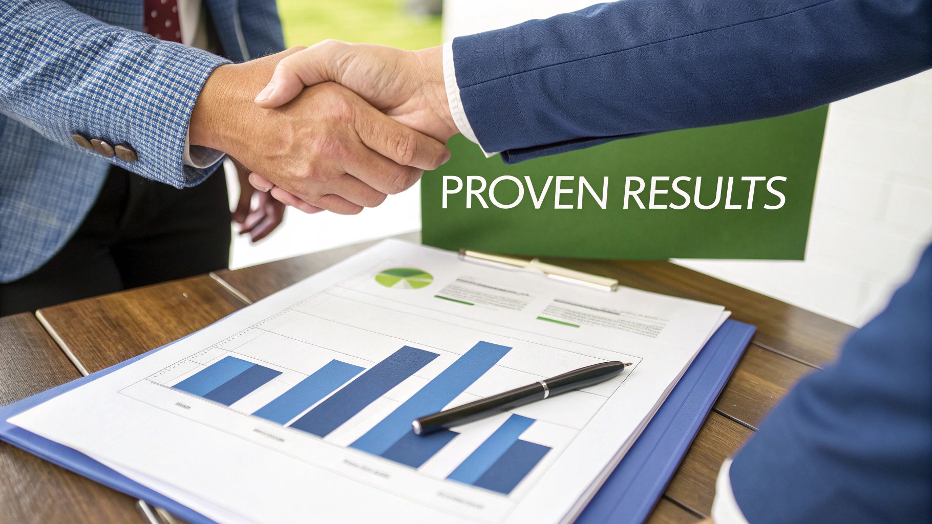 Business professionals shaking hands, with charts on a table and a 'PROVEN RESULTS' sign in the background.
