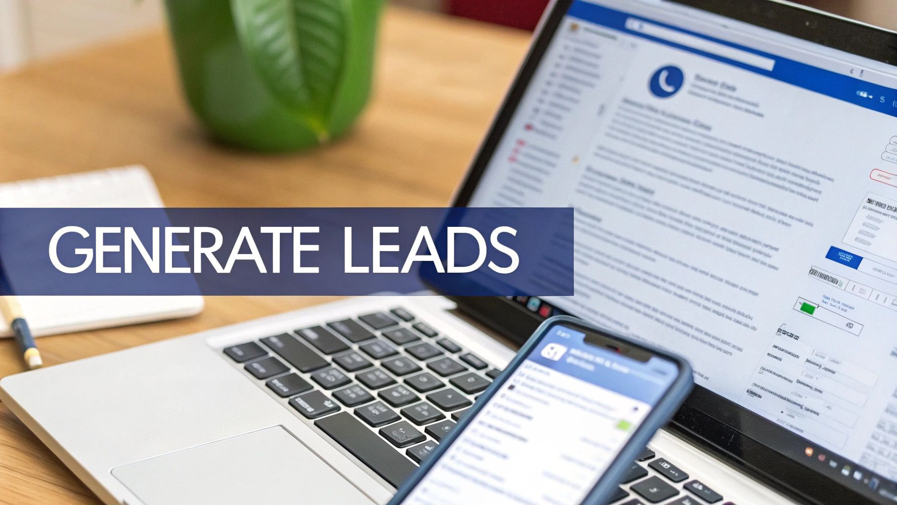 A laptop and smartphone on a desk, with a 'GENERATE LEADS' banner, indicating digital lead generation.