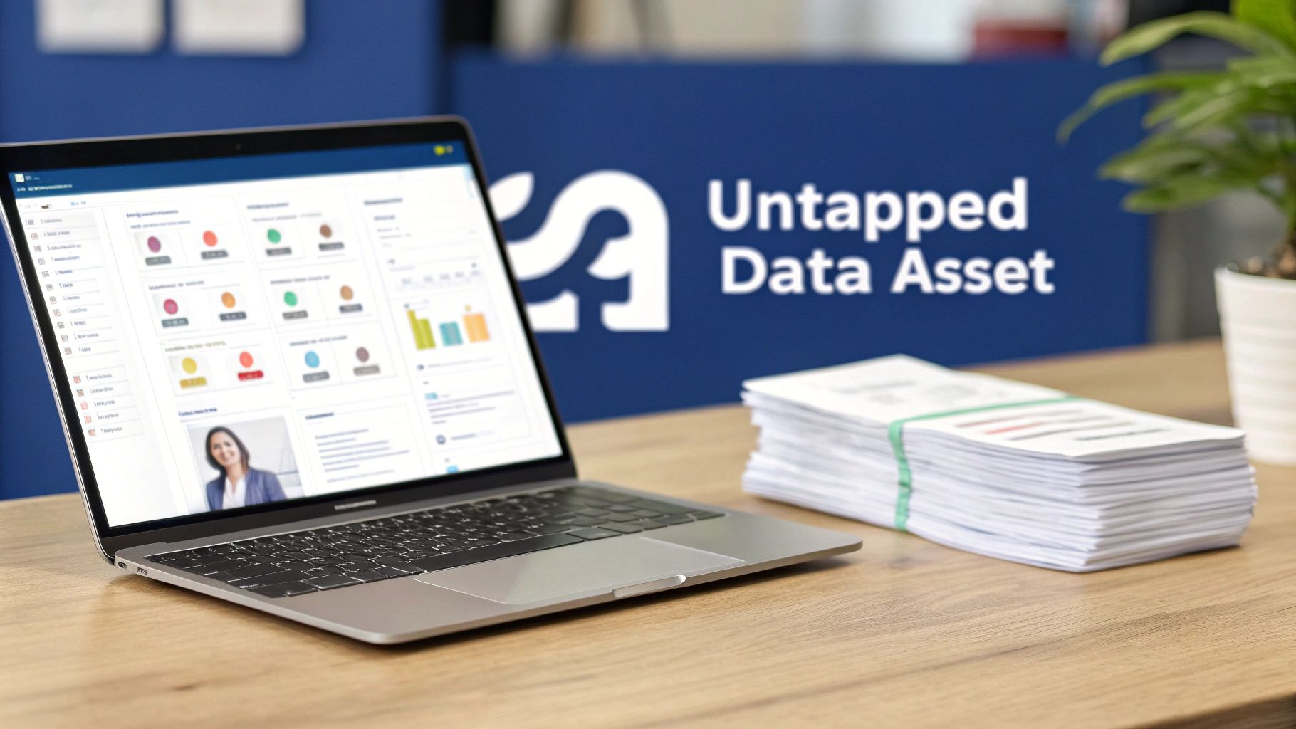 A person working on a laptop with charts and graphs in the background, representing database management.