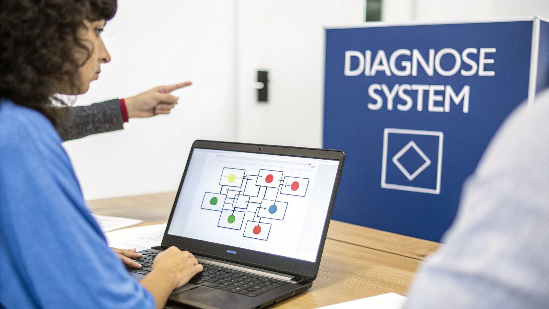 People collaborating on a laptop displaying a diagnostic flowchart, with a 'DIAGNOSE SYSTEM' sign visible.