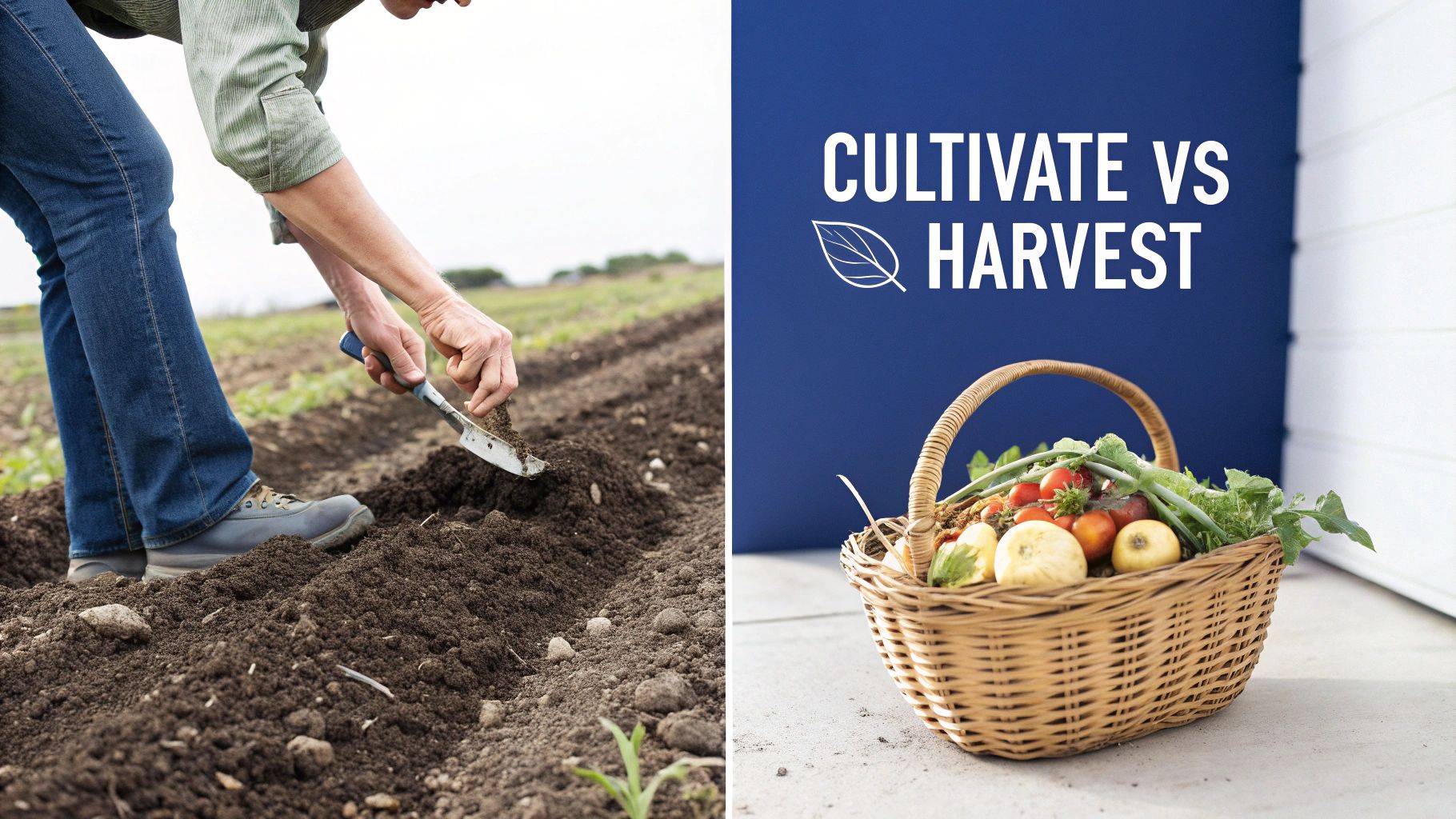 A person cultivates soil with a trowel, contrasted with a basket of fresh harvested produce.