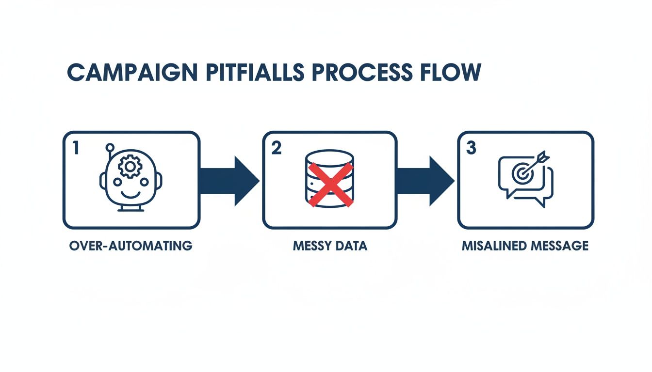 Campaign pitfalls process flow showing over-automating, messy data, and misaligned message.
