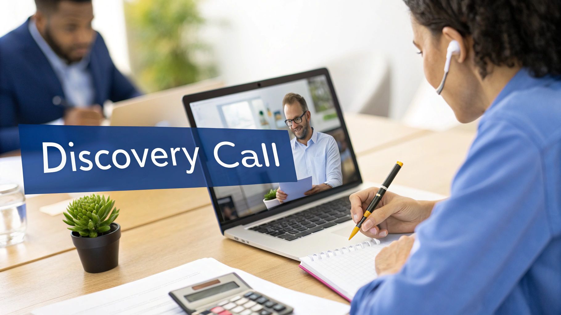 A woman participates in a virtual 'Discovery Call' on her laptop, taking notes during the meeting.