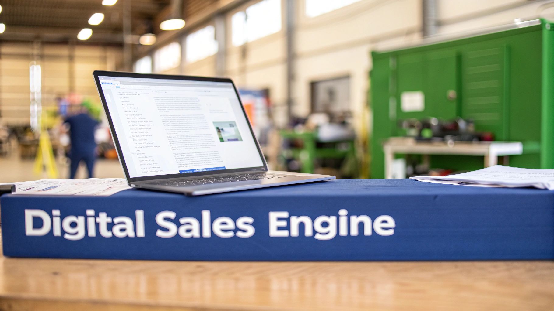 A laptop on a blue table with a 'Digital Sales Engine' sign, in an industrial setting for manufacturing marketing strategy