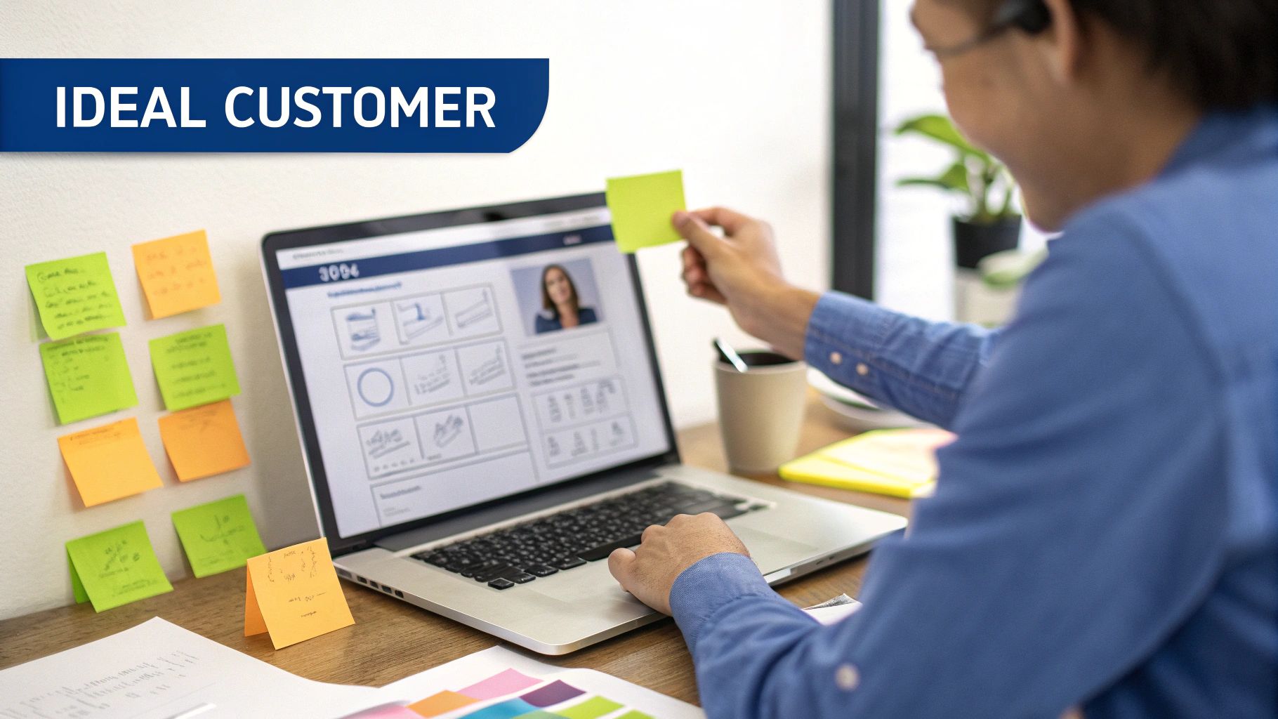 A person works on a laptop to define an ideal customer profile, surrounded by sticky notes.