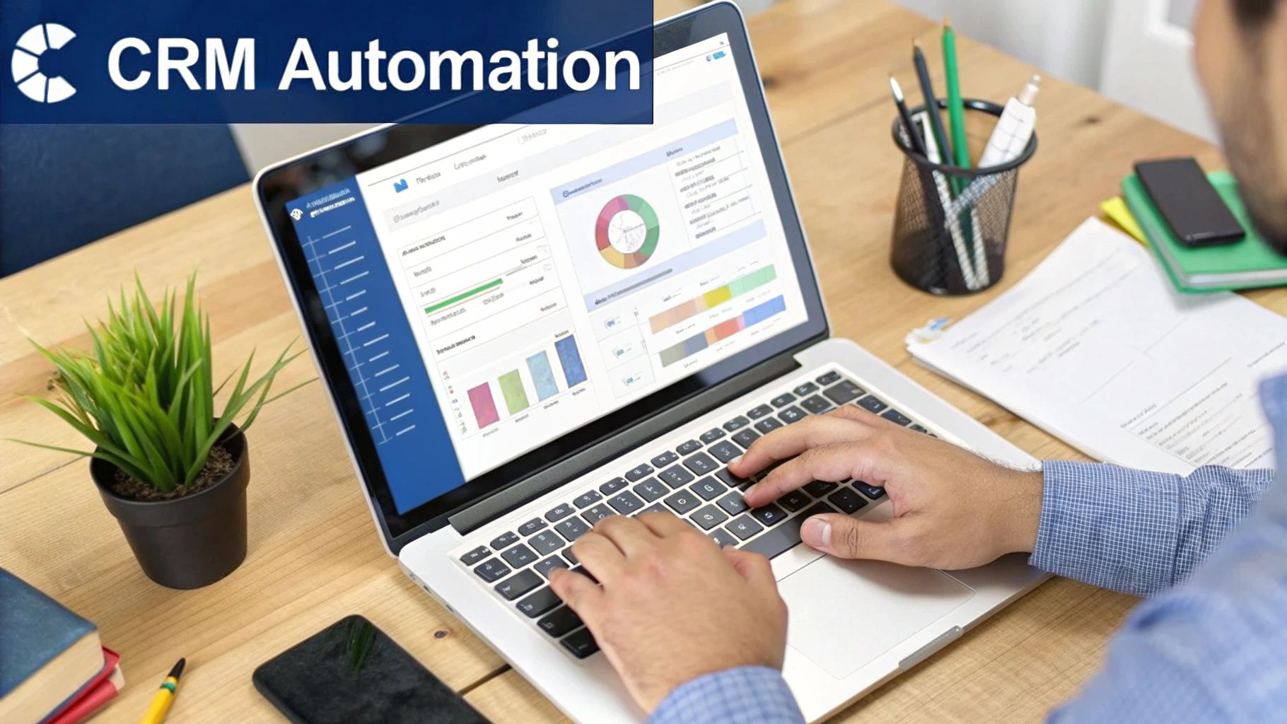 A person works on a laptop displaying a CRM automation dashboard with charts and graphs.