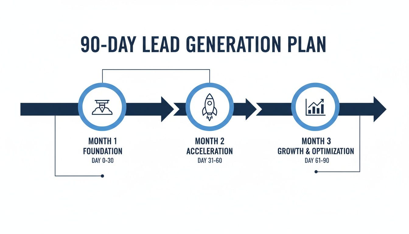 A 90-day lead generation plan timeline showing three phases: Foundation, Acceleration, and Growth & Optimization.