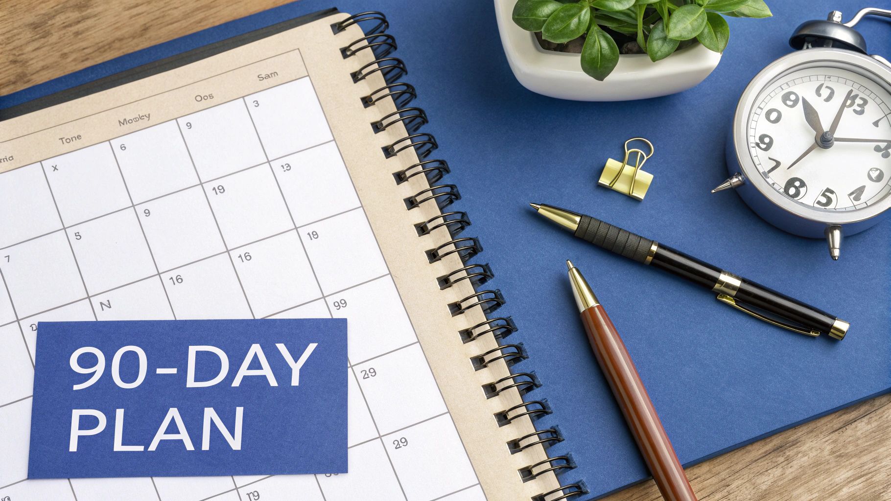 A calendar with a blue '90-DAY PLAN' note, pens, an alarm clock, and a plant.