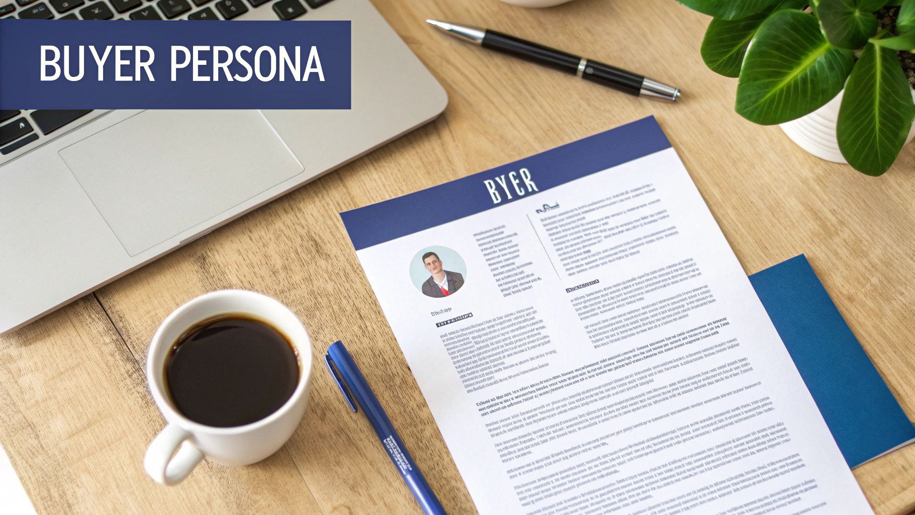 Flat lay of a desk with a laptop, coffee, pen, and a document illustrating a buyer persona profile.