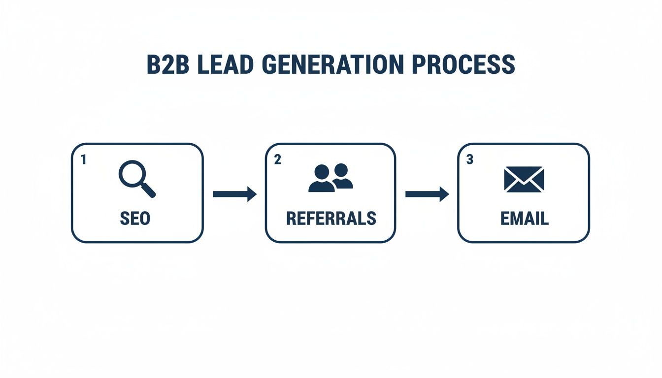 Infographic showing a B2B lead generation process with three sequential steps: SEO, Referrals, and Email.