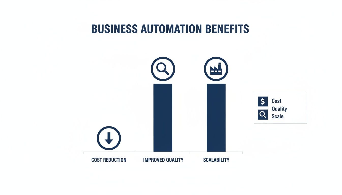 Bar chart illustrating business automation benefits: cost reduction, improved quality, and scalability.