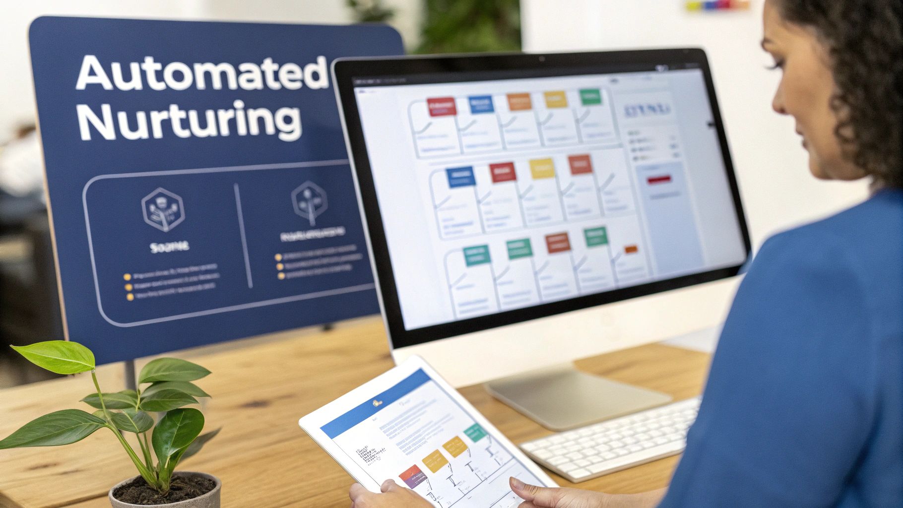 A woman works at a desk with a computer, tablet, and 'Automated Nurturing' display.