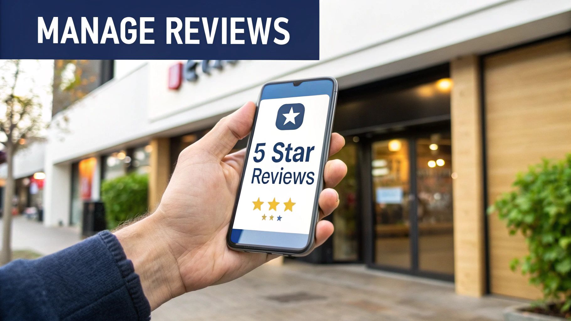 A hand holds a smartphone displaying '5 Star Reviews' and star icons, with 'MANAGE REVIEWS' at the top of the image and blurred storefronts in the background.