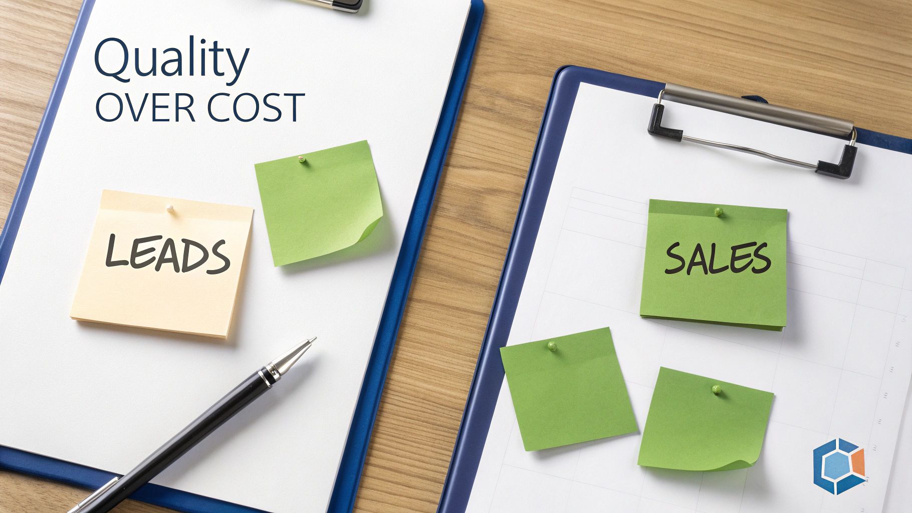 Two clipboards on a wooden desk with 'Quality OVER COST', 'LEADS', and 'SALES' sticky notes.