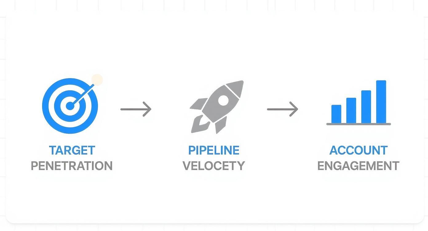Flowchart illustrating target penetration, pipeline velocity, and account engagement steps in account based marketing process.