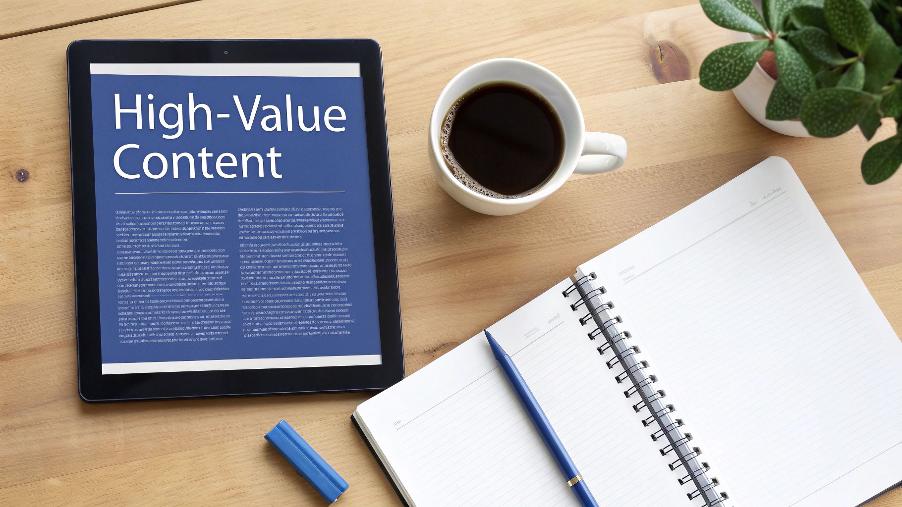 Overhead view of a tablet displaying 'High-Value Content' next to coffee, notebook, and pen on a wooden desk.