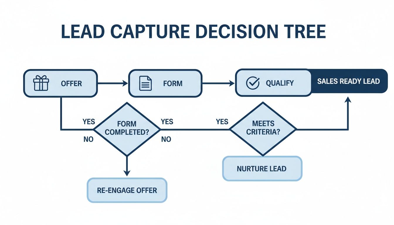 A lead capture decision tree flowchart illustrating steps from an offer through form completion and qualification to a sales-ready lead for manufacturing marketing automation