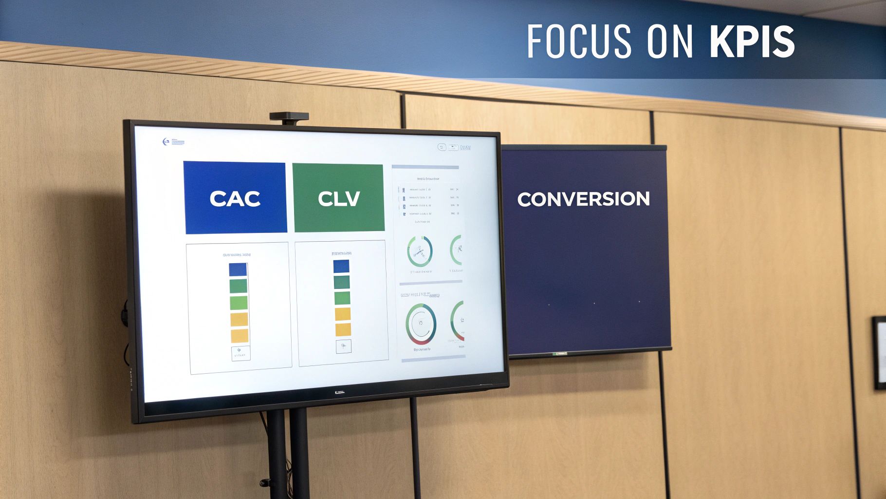 Two screens display marketing analytics dashboards with KPIs like CAC, CLV, and Conversion in an office.