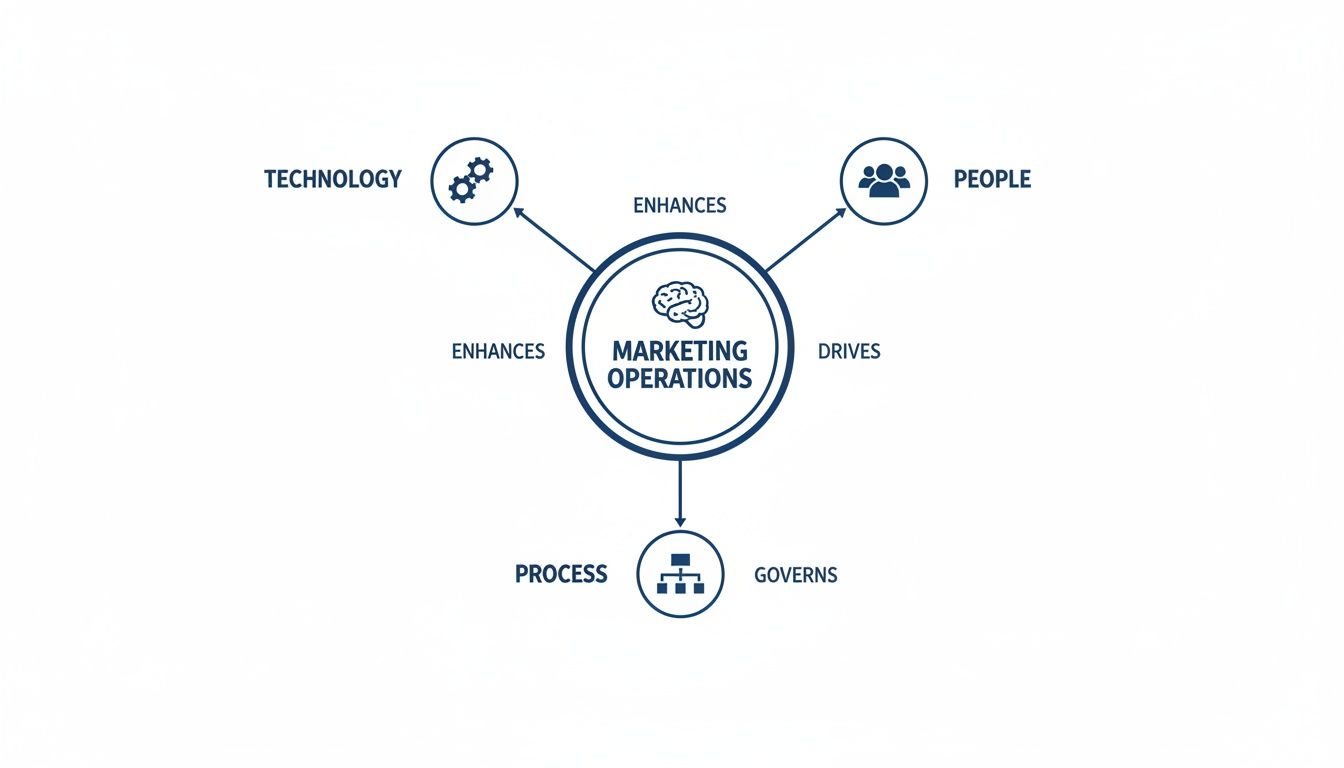 A diagram illustrating Marketing Operations enhanced by Technology, driven by People, and governed by Process.
