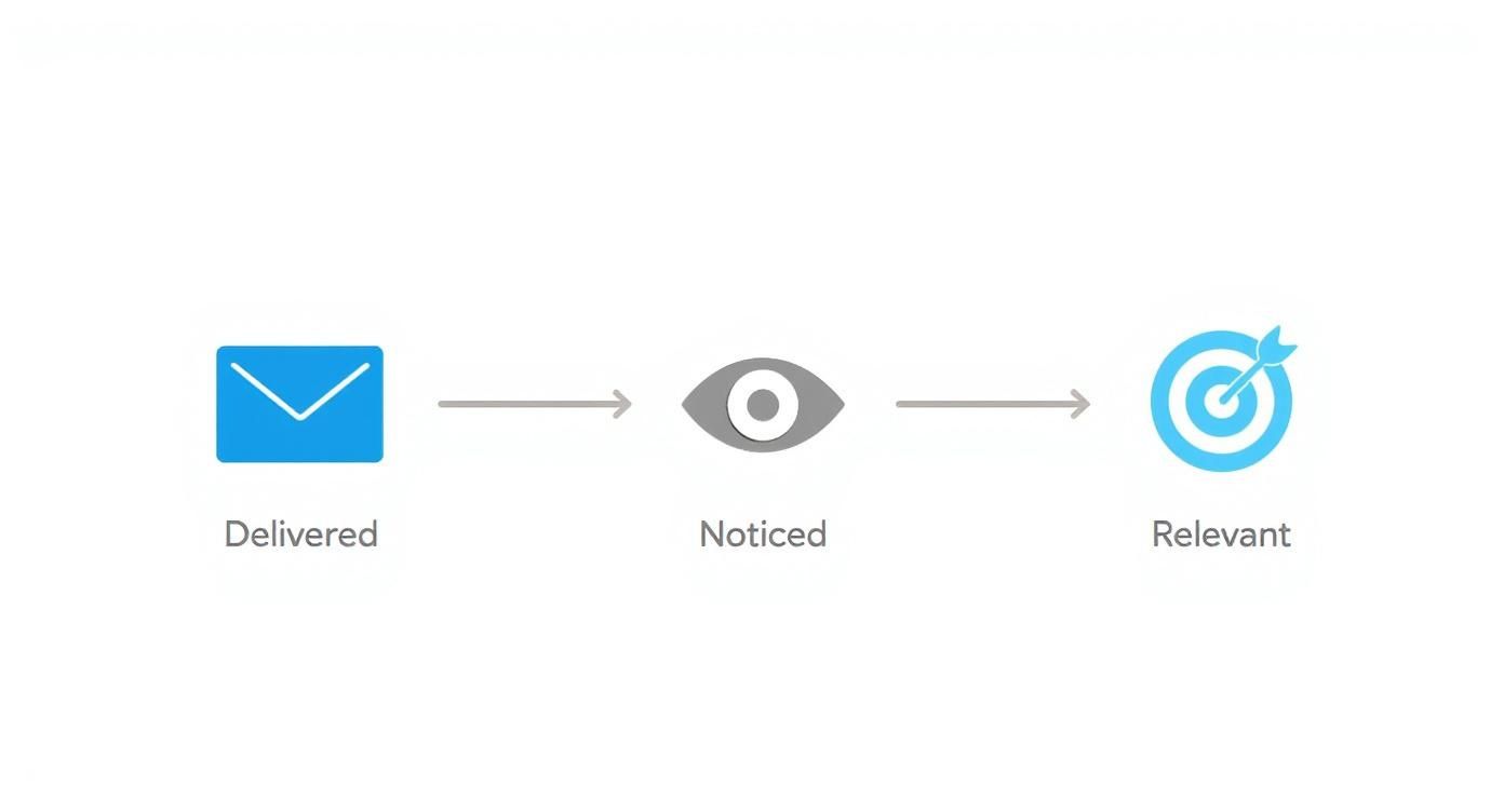 Email marketing funnel showing three stages: delivered, noticed, and relevant with icons