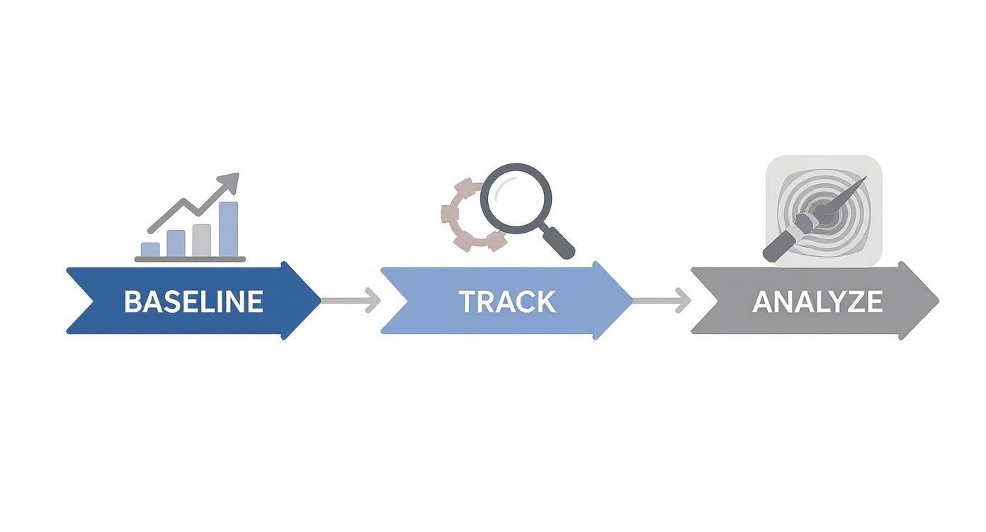 A three-step process flow diagram showing Baseline, Track, and Analyze with relevant icons.