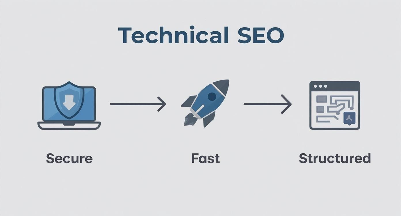 An infographic showing a three-step process flow for technical SEO, with icons for Secure, Fast, and Structured.