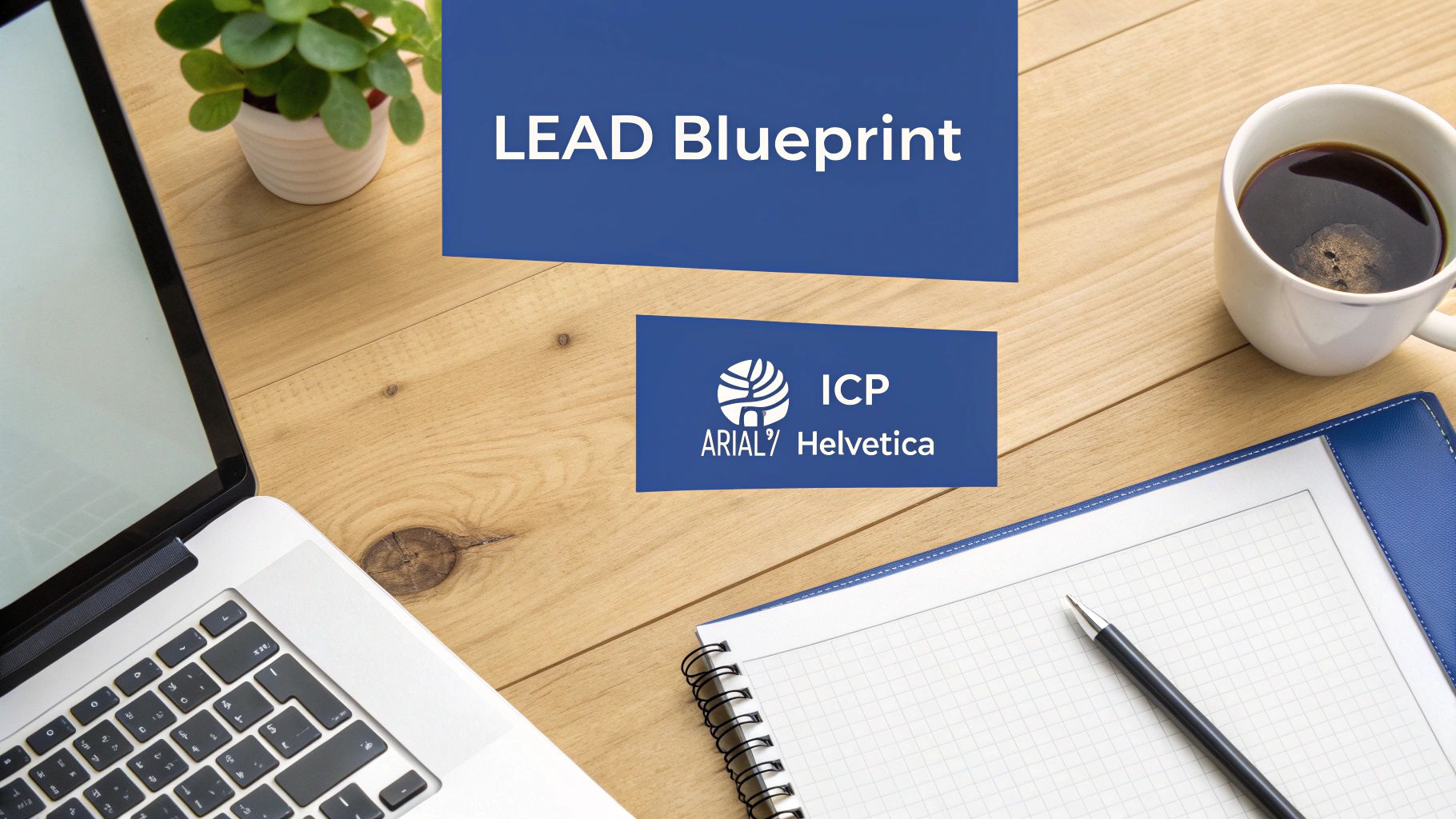 LEAD Blueprint business card on wooden desk with laptop, coffee, and notebook workspace