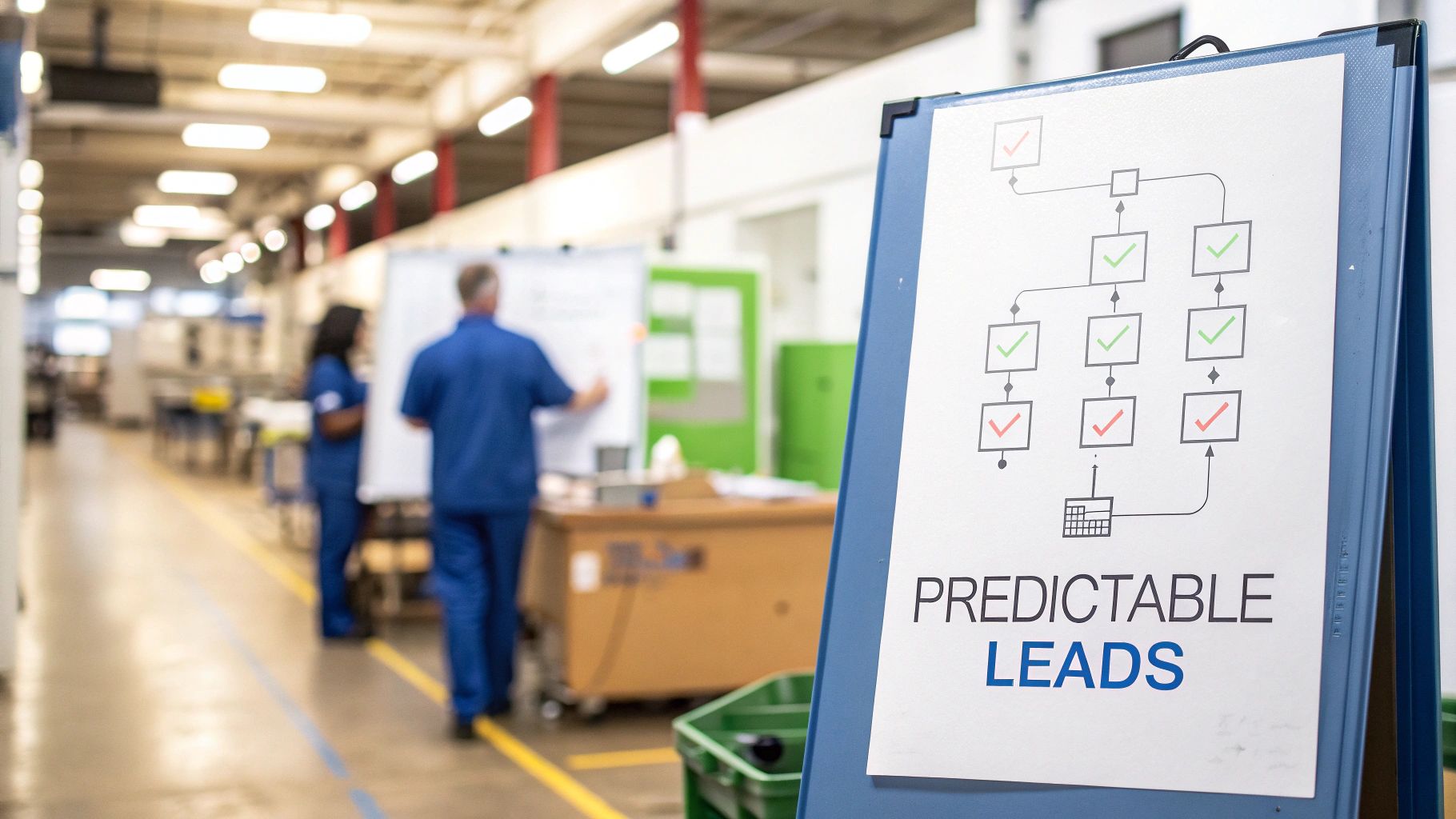 A 'Predictable Leads' sign displaying a process flowchart in a factory, with blurred workers in the background.
