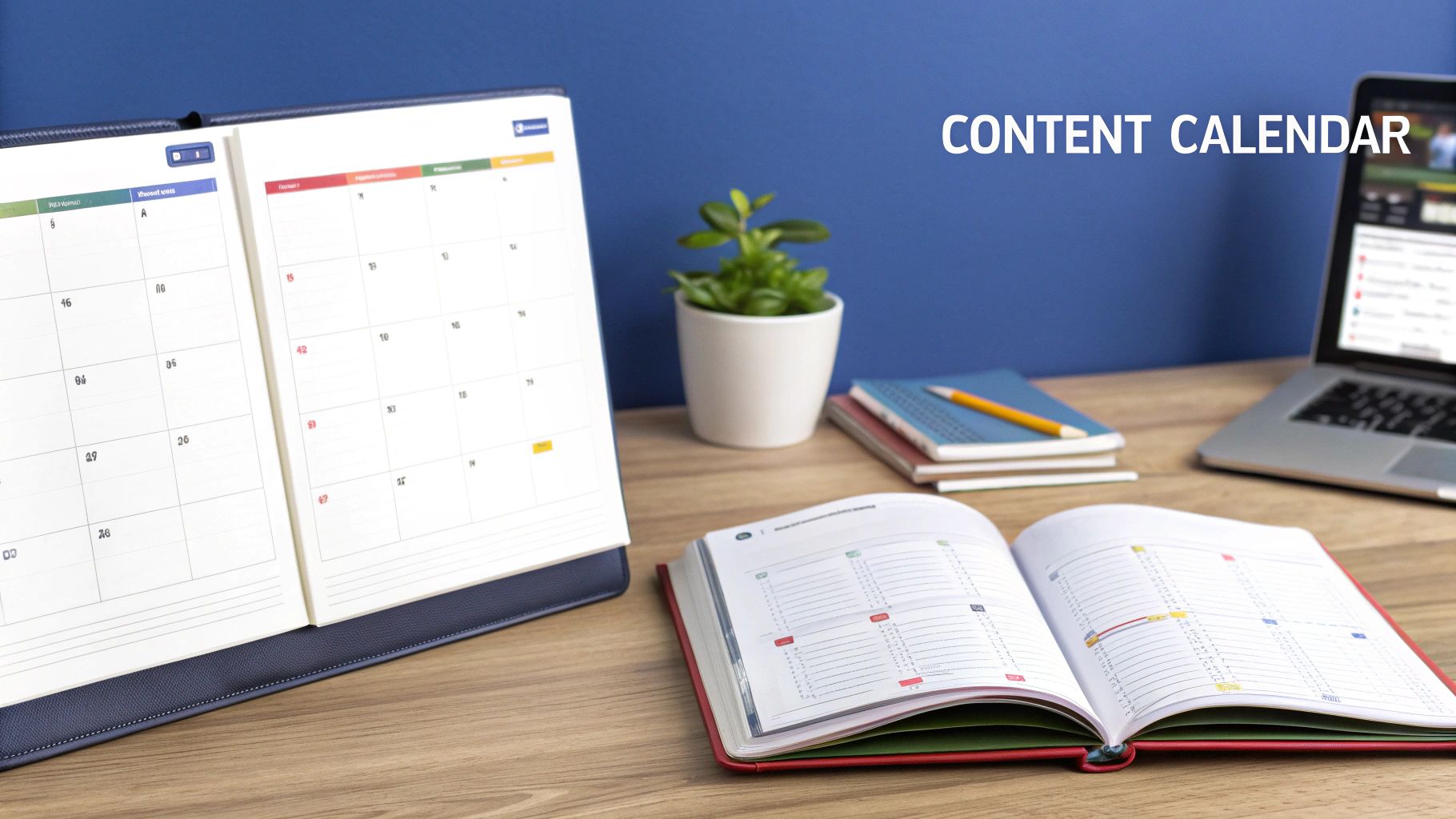 Two open content calendars, a laptop, and office supplies on a wooden desk.