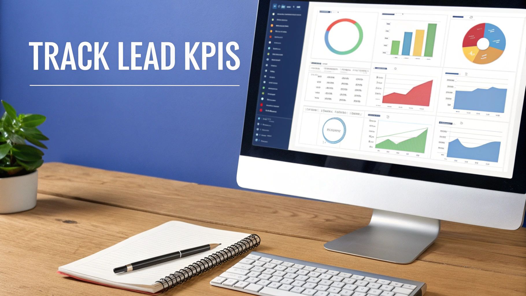 A computer monitor displaying a dashboard with charts and graphs to track lead KPIs on a wooden desk.