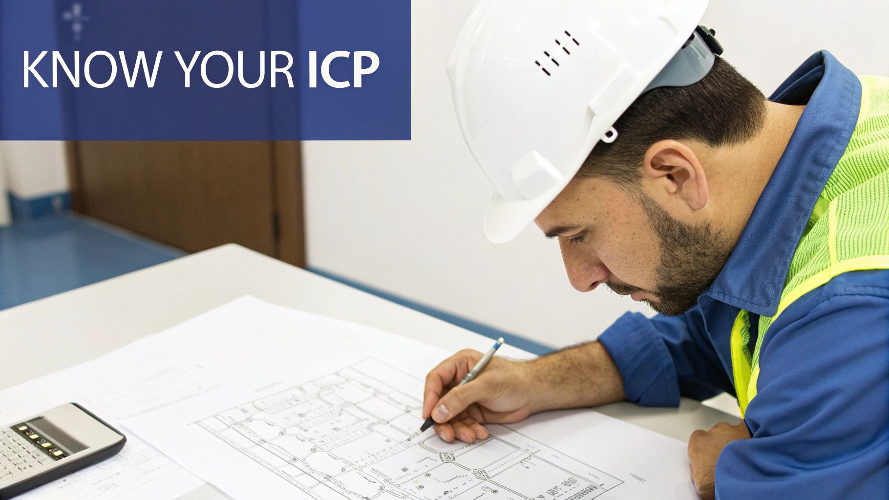 A construction worker in a hard hat and safety vest reviews blueprints at a desk, with “KNOW YOUR ICP” text.