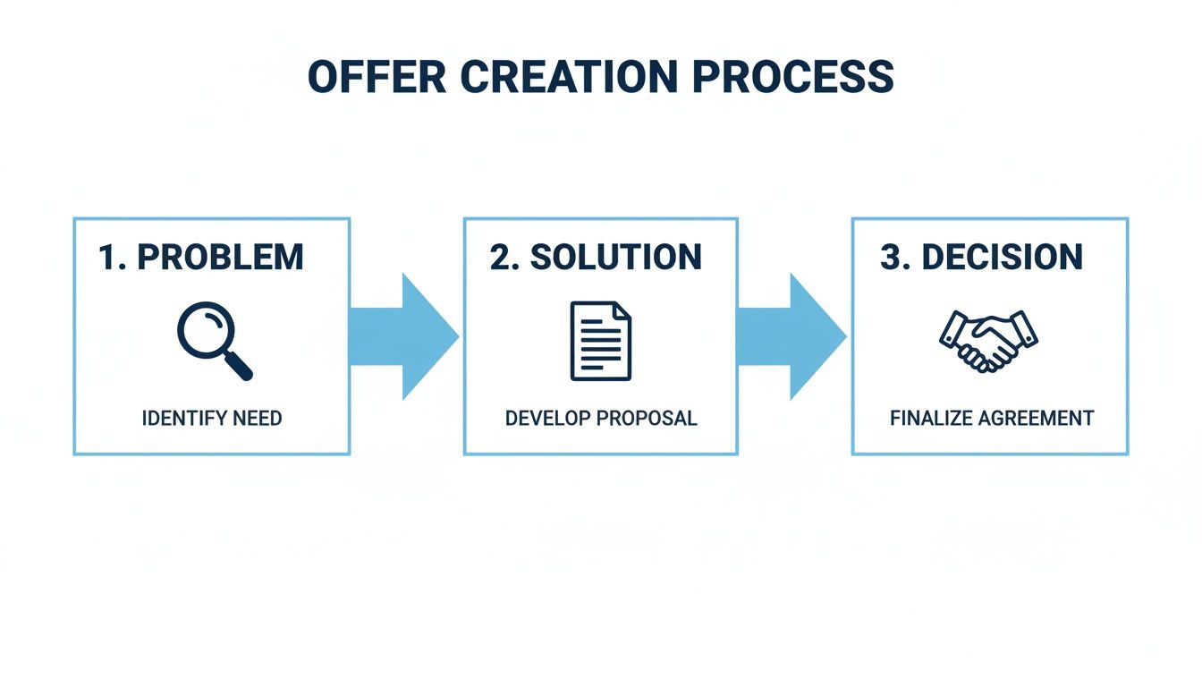 A flowchart outlining the three steps of an offer creation process: problem, solution, and decision.
