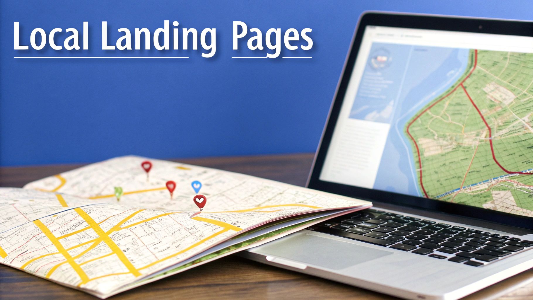 A laptop displaying a digital map next to a physical map with location pins, related to local landing pages.