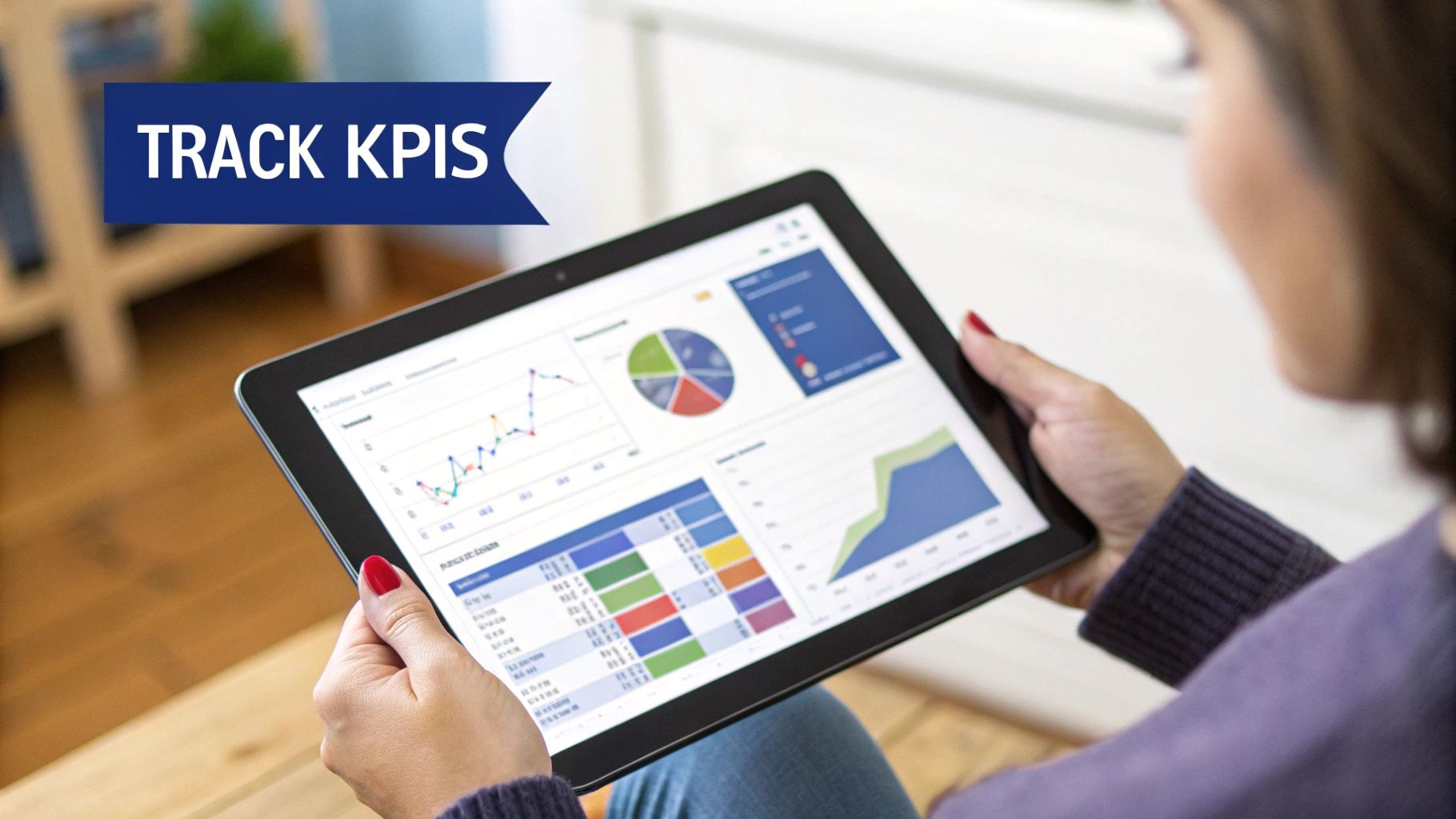 A woman holds a tablet displaying colorful charts and graphs for tracking KPIs.