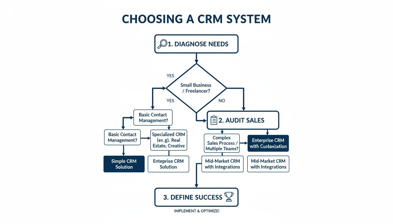 A flowchart for choosing a CRM system, detailing steps like diagnosing needs and auditing sales.