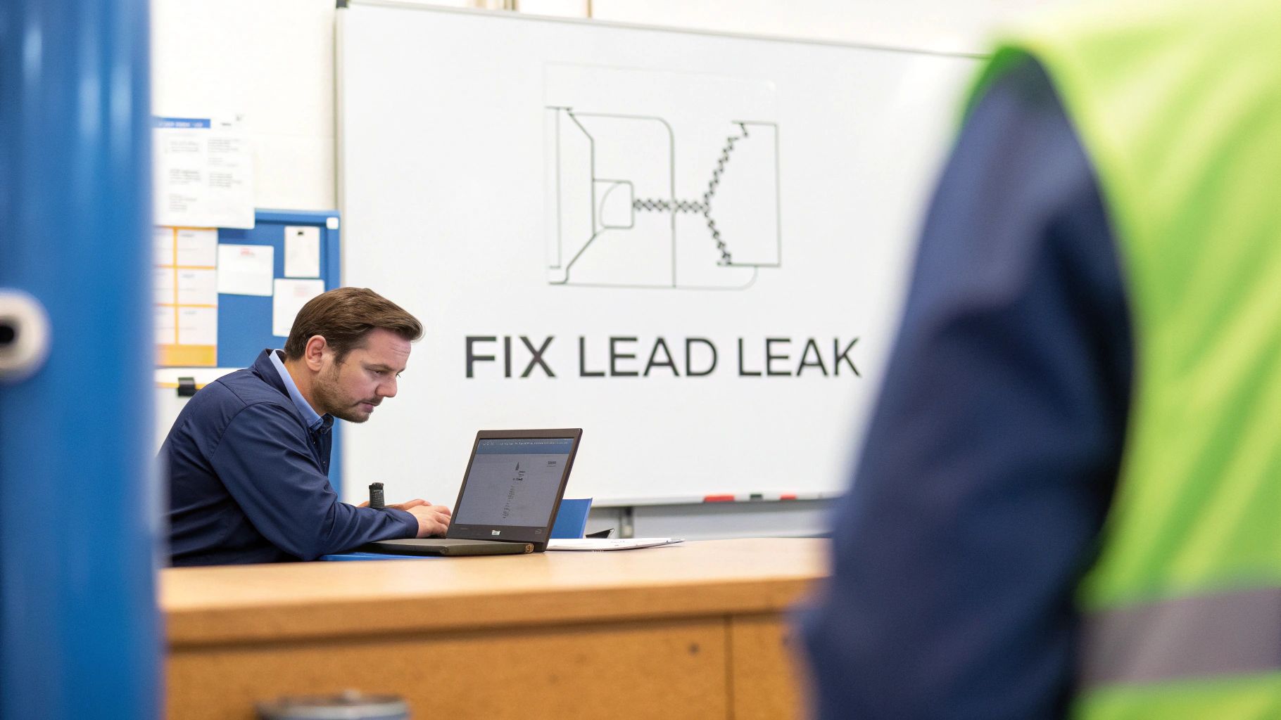 A man in a blue shirt works on a laptop at a wooden desk in an office.