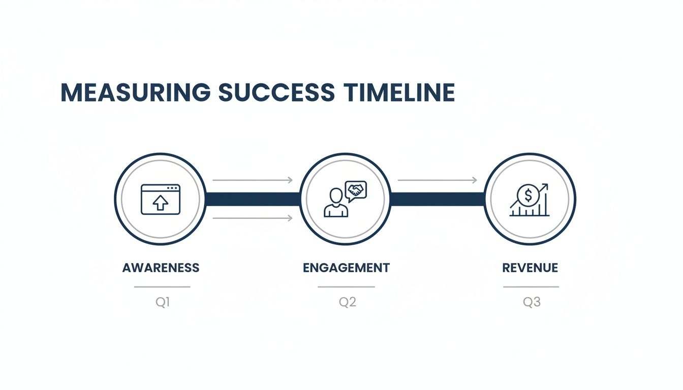 A measuring success timeline infographic displaying three key stages: Awareness (Q1), Engagement (Q2), and Revenue (Q3).