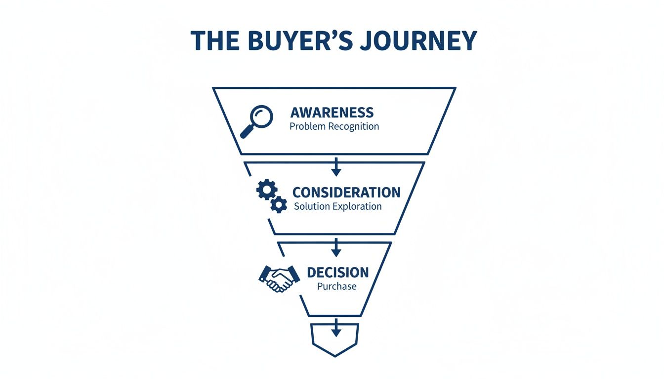 A marketing funnel illustrating The Buyer's Journey with stages: Awareness, Consideration, and Decision.