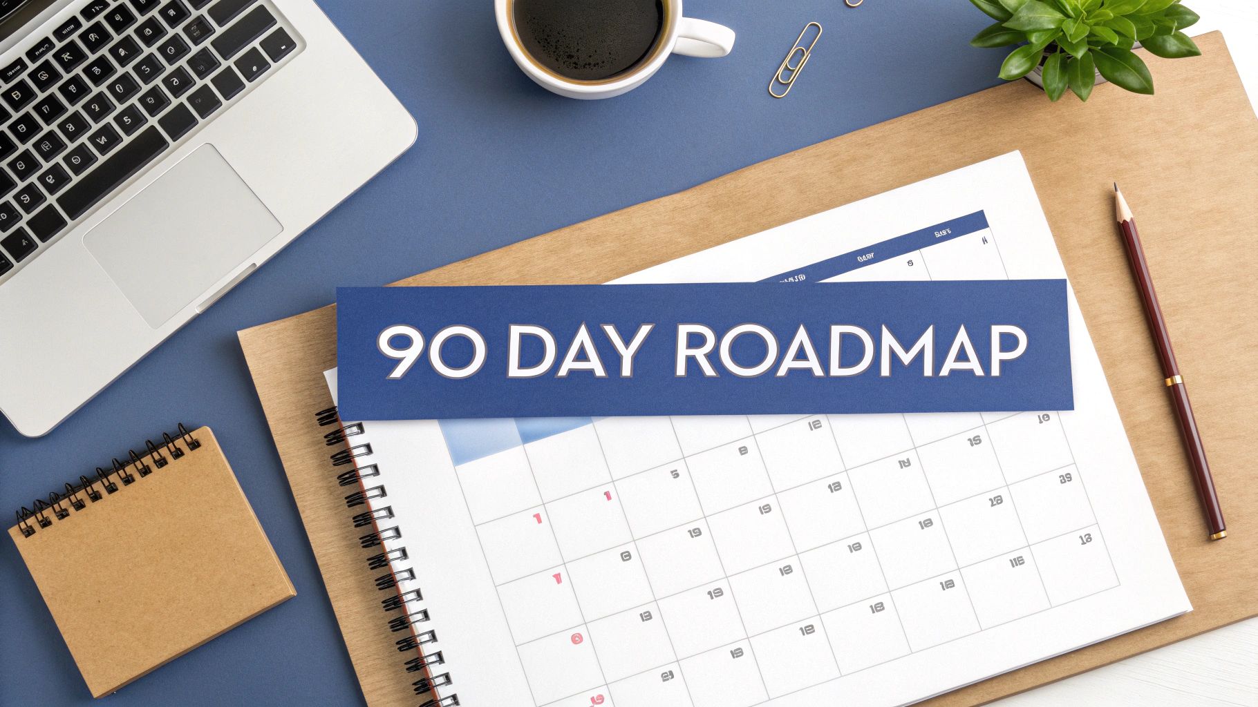 A flat lay features a '90 DAY ROADMAP' banner over a calendar, laptop, and coffee.