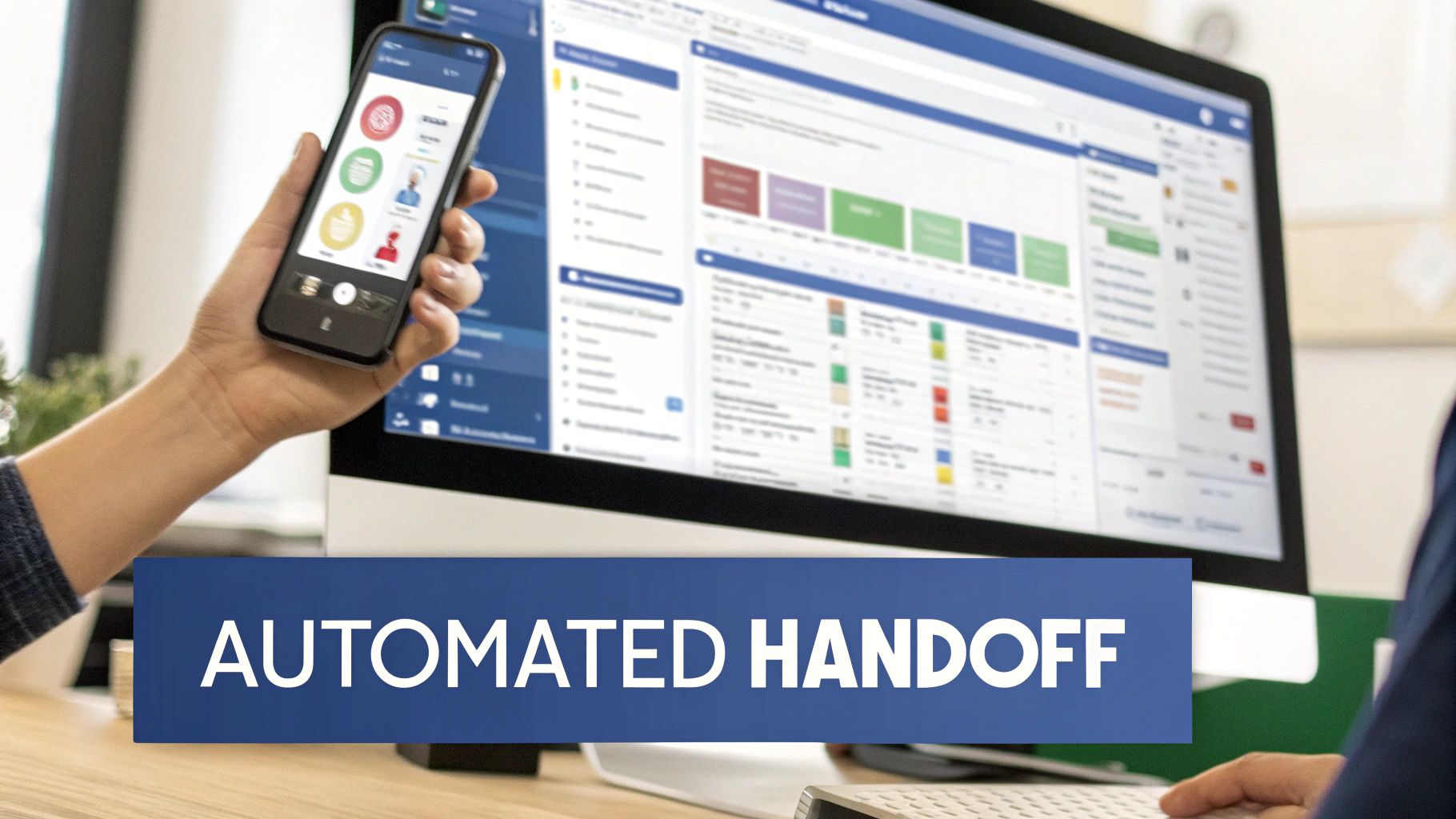 Person holding a smartphone displaying an app, next to a computer with a dashboard, and a banner reading "Automated Handoff".