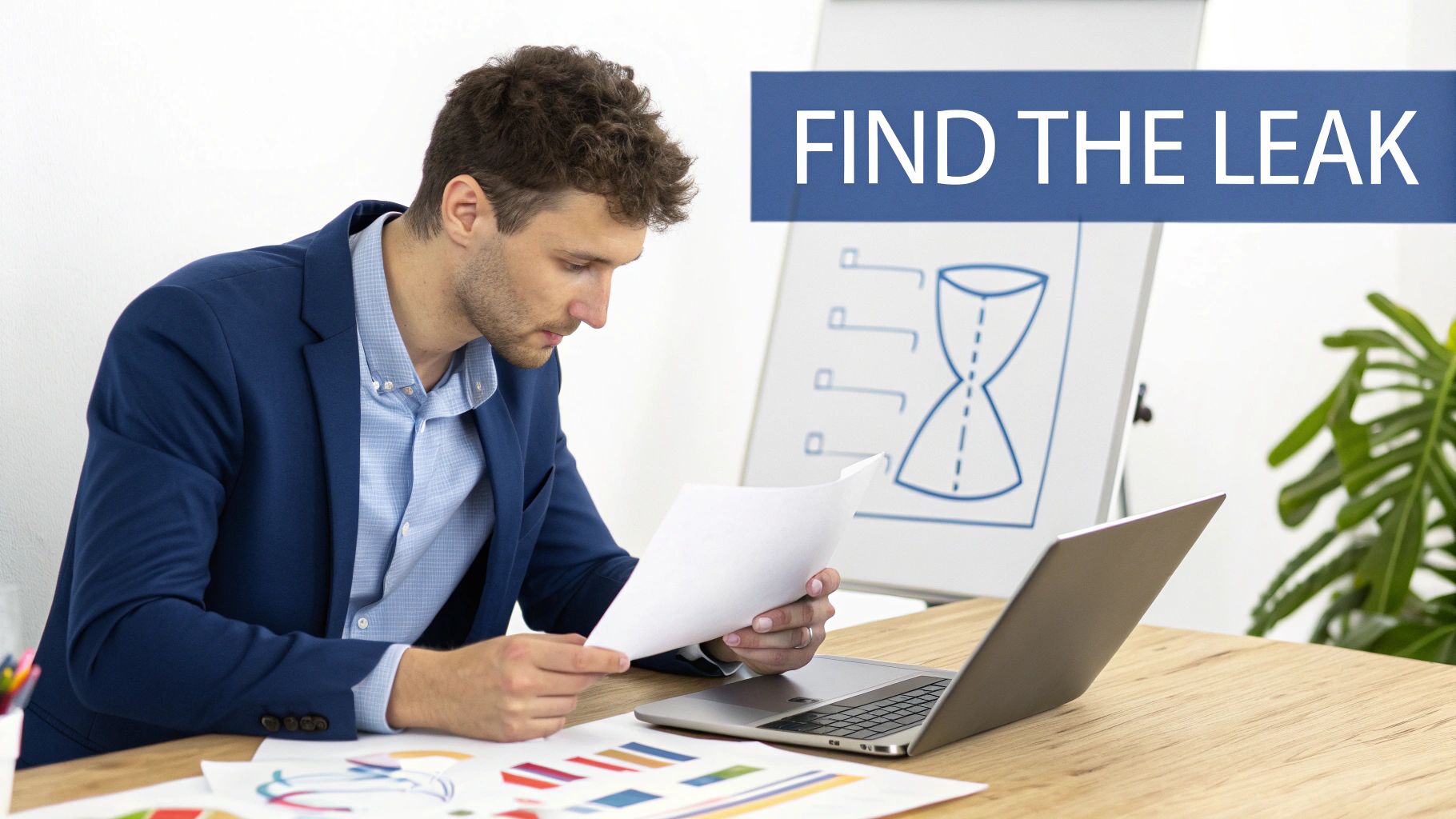A focused man reviews documents at a desk with a laptop, charts, and a whiteboard displaying 'FIND THE LEAK'.