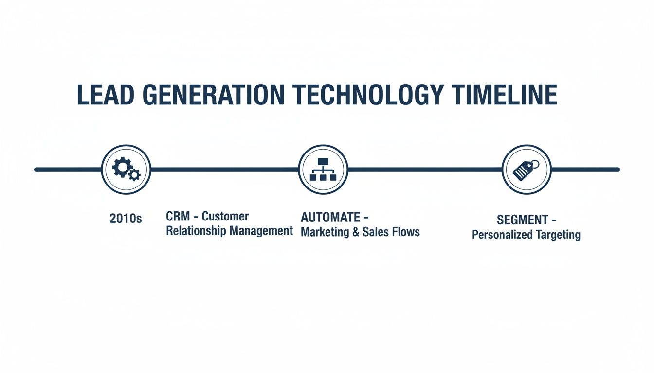 A lead generation technology timeline showcasing CRM, automation, and personalized targeting advancements.