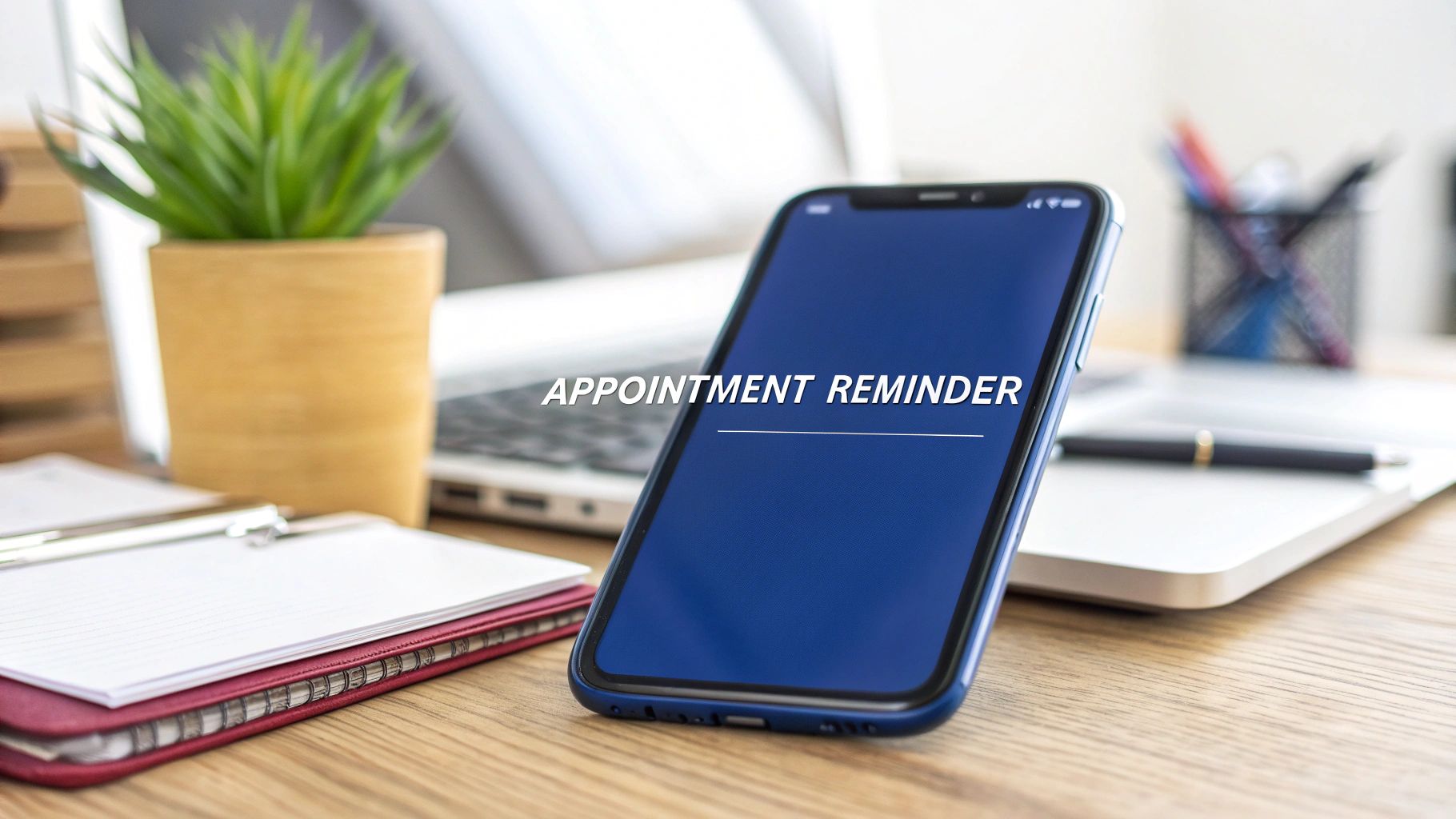 A blue smartphone on a wooden desk displays an 'APPOINTMENT REMINDER' message, with office items.