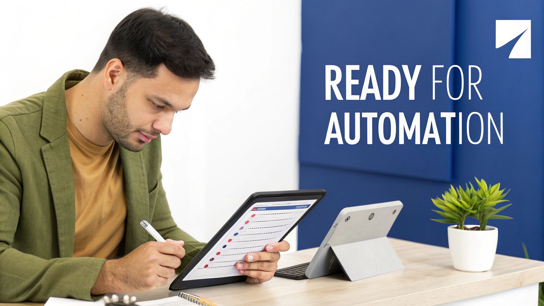 A man in a green jacket uses a stylus on a tablet, looking at a digital form with "READY FOR AUTOMATION" text.