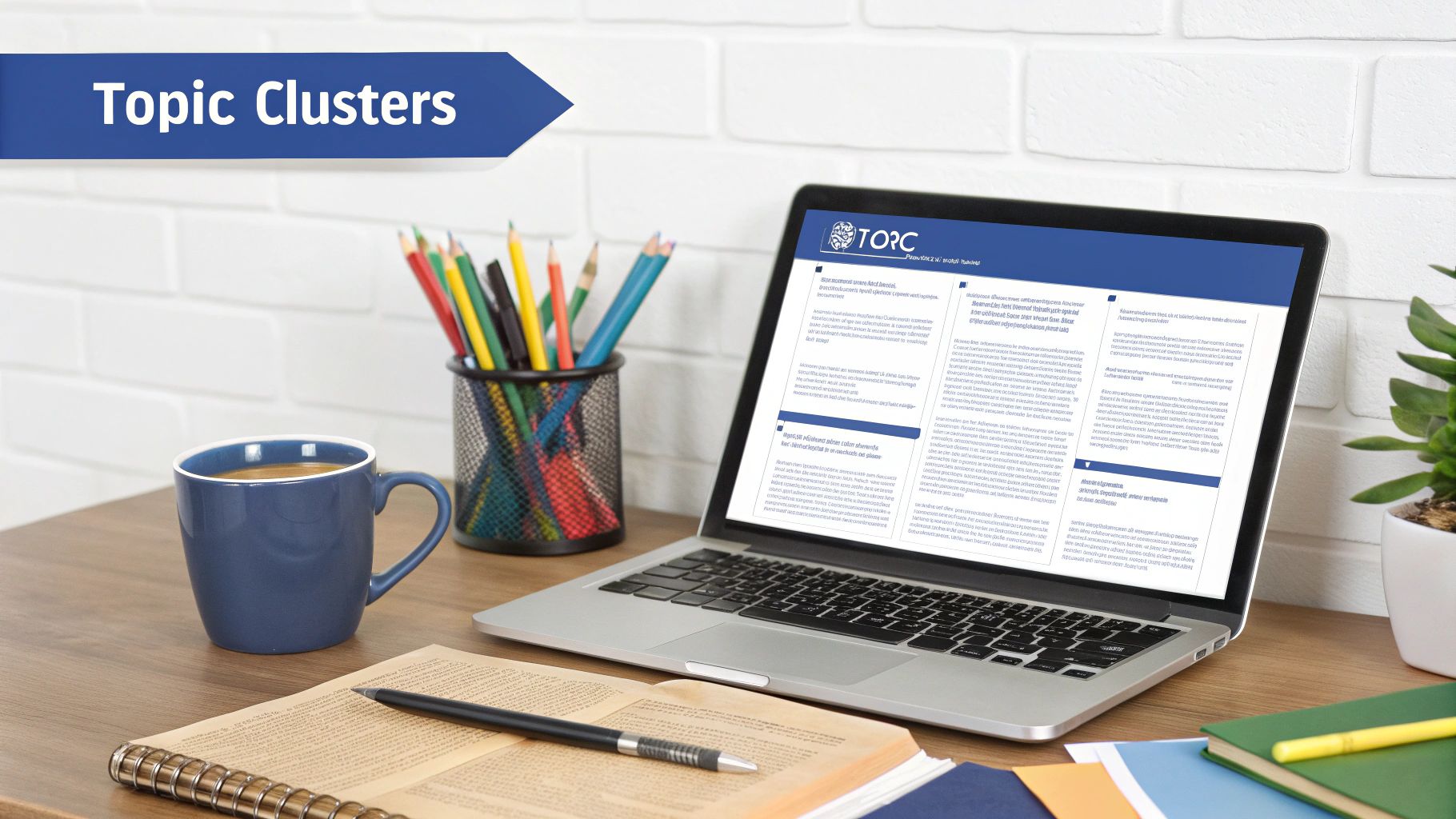 A desk with a laptop displaying 'Topic Clusters,' coffee mug, and stationery.